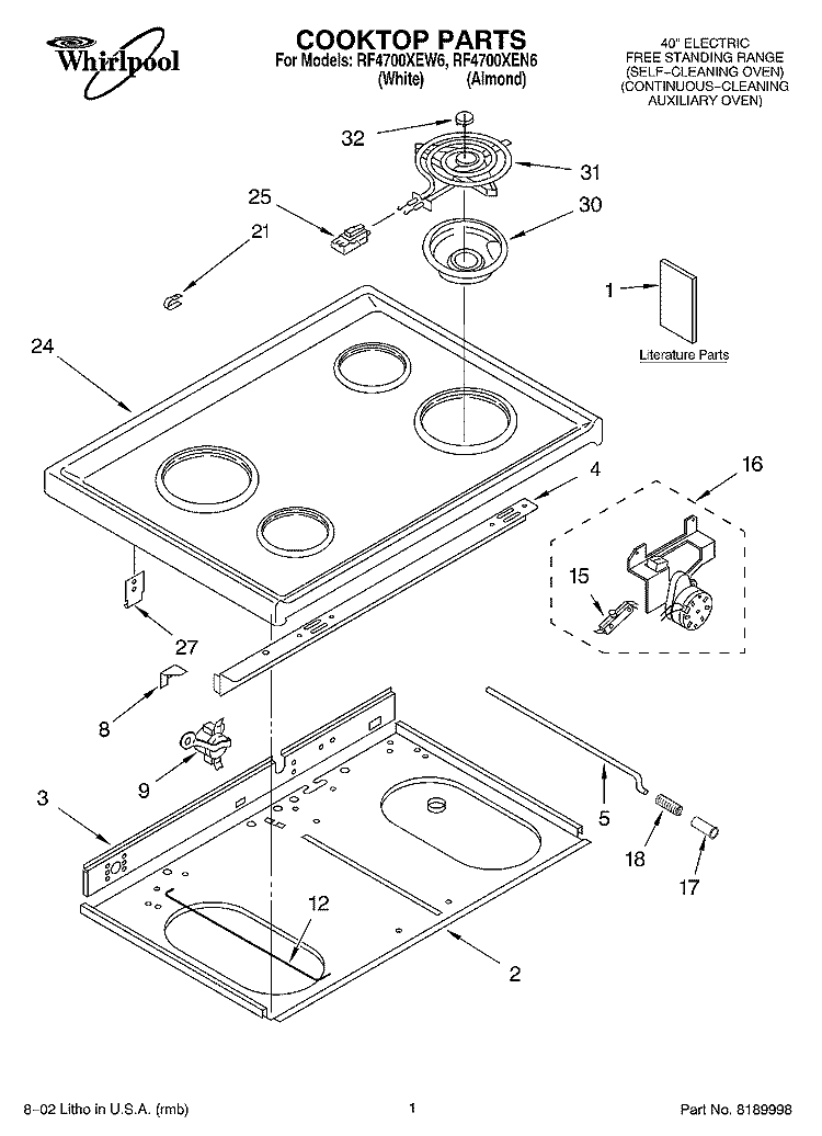 COOKTOP, LITERATURE Diagram and Parts List for RF4700XEW6  Whirlpool Range