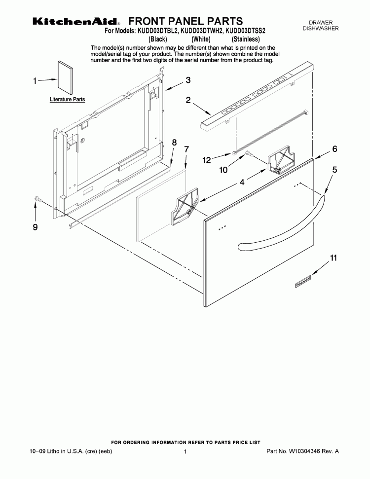 FRONT PANEL PARTS Diagram and Parts List for KUDD03DTSS2  KitchenAid Dishwasher