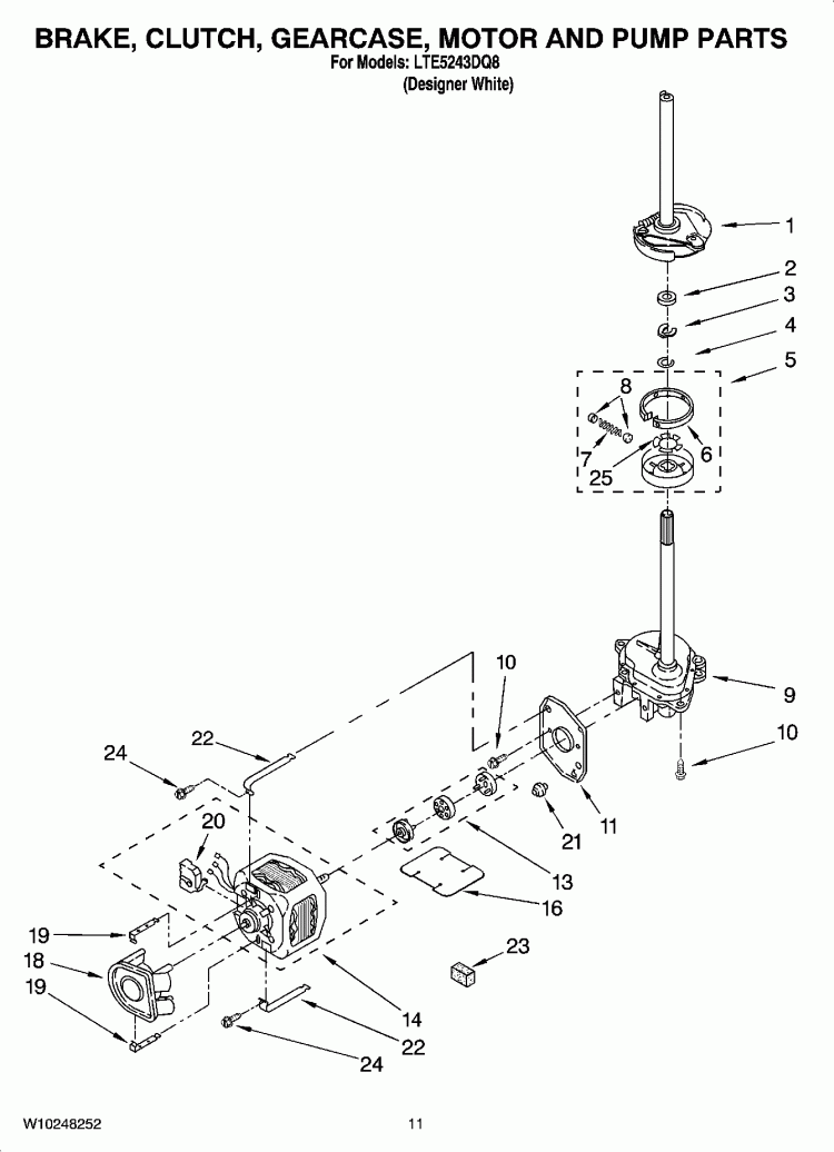 BRAKE, CLUTCH, GEARCASE, MOTOR AND PUMP PARTS Diagram and Parts List for LTE5243DQ8  Whirlpool Washer Dryer Combo