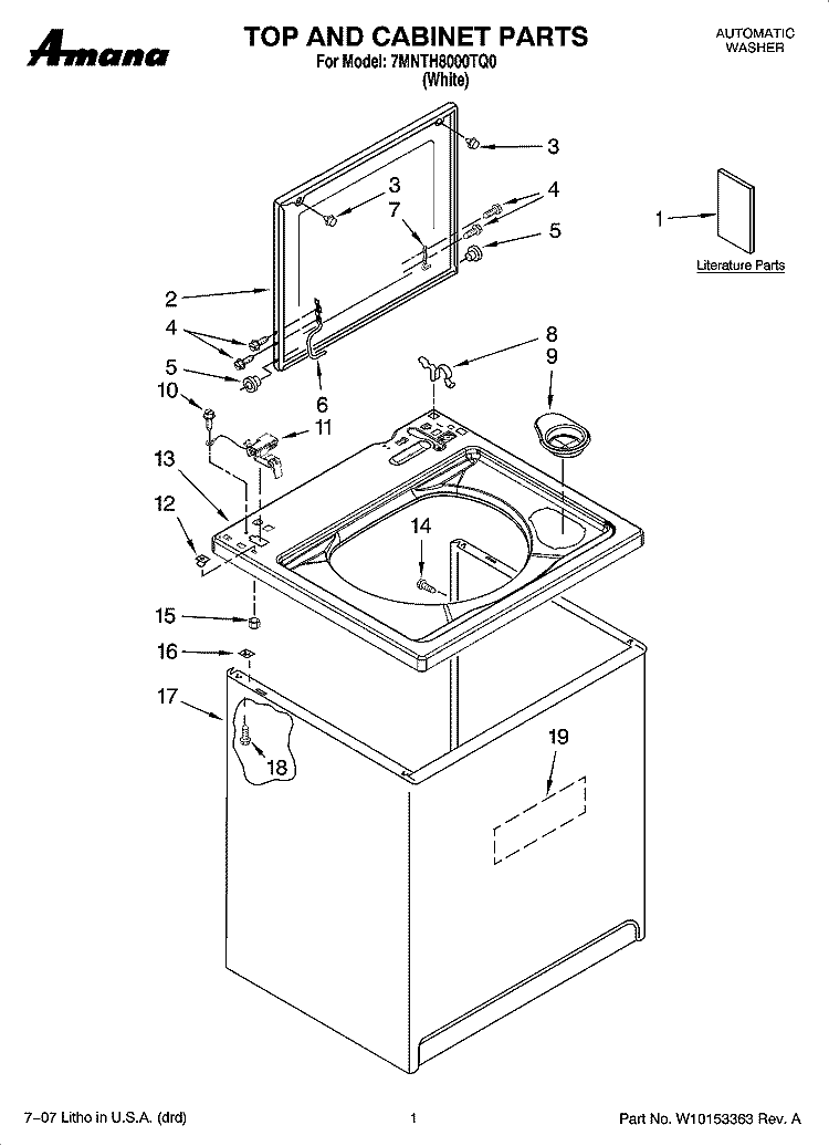 TOP AND CABINET PARTS Diagram and Parts List for 7MNTH8000TQ0  Whirlpool Washer