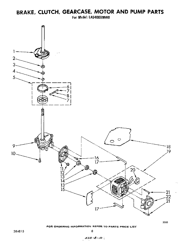 BRAKE, CLUTCH, GEARCASE, MOTOR AND PUMP Diagram and Parts List for LA5400XMW0  Whirlpool Washer