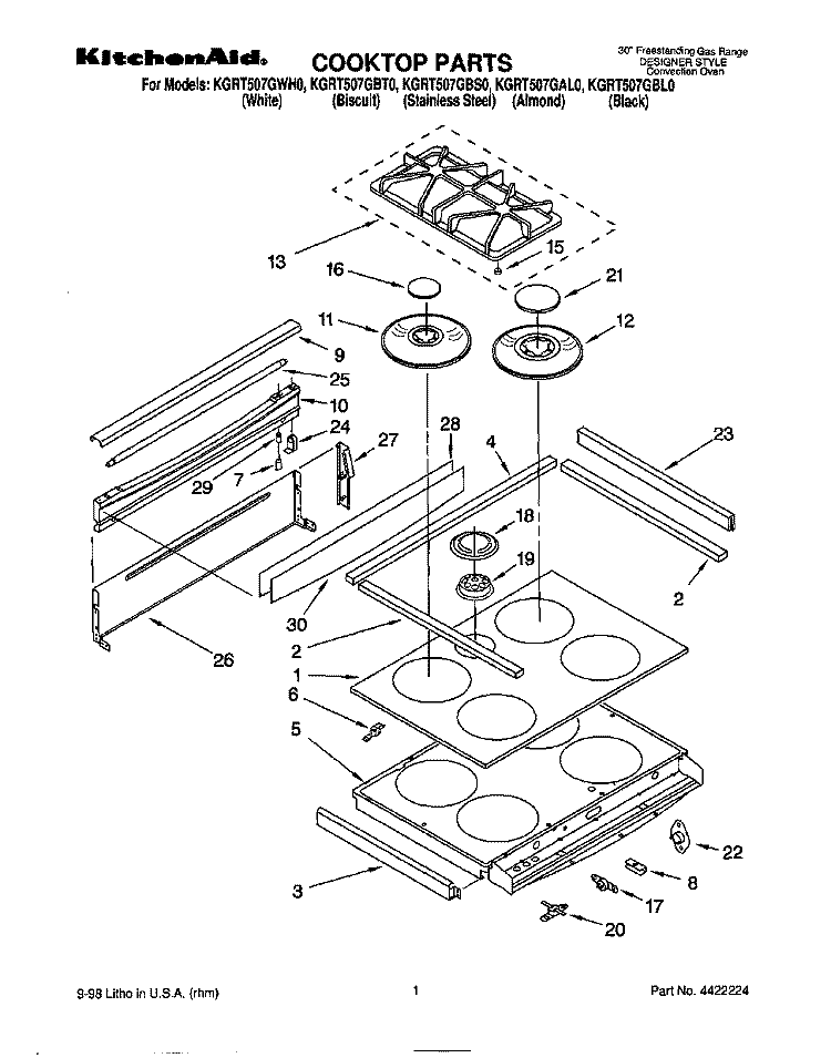 COOKTOP Diagram and Parts List for KGRT507GBL0  KitchenAid Range