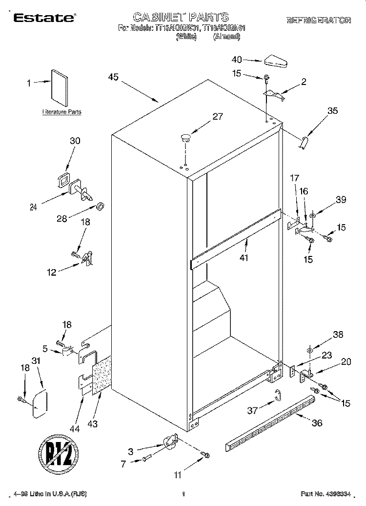 CABINET, LITERATURE Diagram and Parts List for TT18AKXGN01  Estate Refrigerator