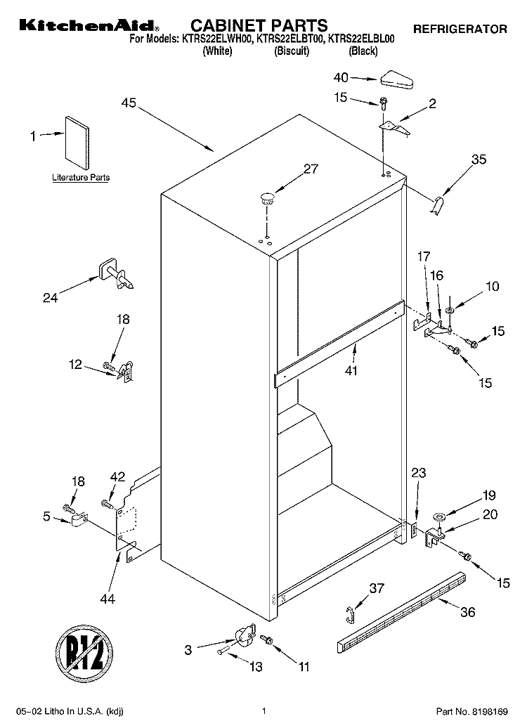 CABINET, LITERATURE Diagram and Parts List for KTRS22ELBT00  KitchenAid Refrigerator