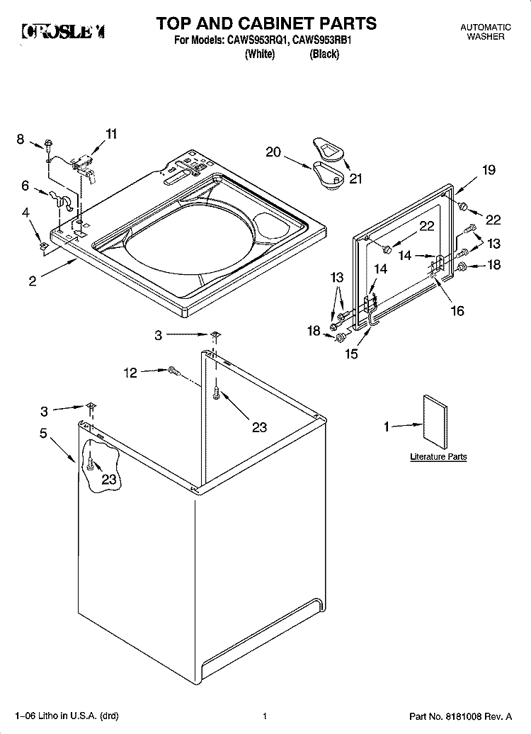 TOP AND CABINET PARTS Diagram and Parts List for CAWS953RB1  Crosley Washer