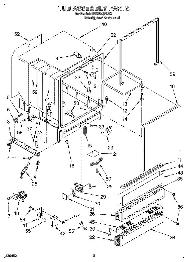 TUB ASSEMBLY Diagram and Parts List for DU980QPDZ3  Whirlpool Dishwasher