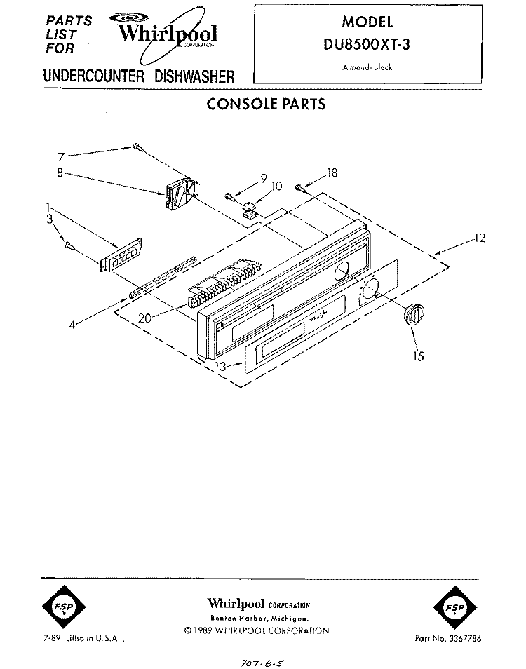 CONSOLE Diagram and Parts List for DU8500XT3  Whirlpool Dishwasher