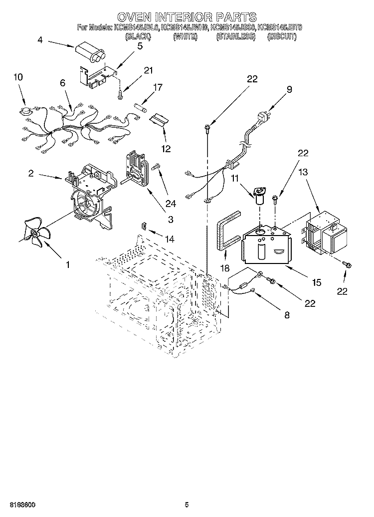 OVEN INTERIOR Diagram and Parts List for KCMS145JBL0  KitchenAid Microwave