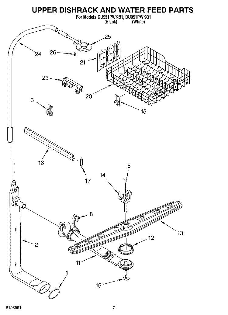 UPPER DISHRACK AND WATER FEED Diagram and Parts List for DU951PWKB1  Whirlpool Dishwasher