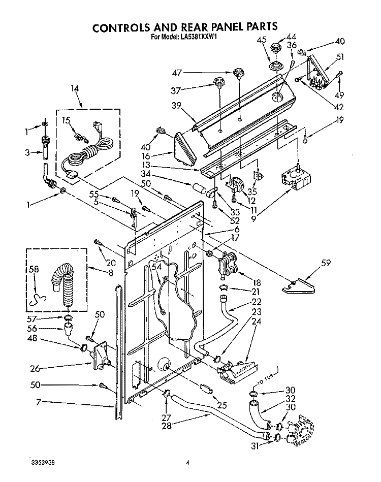 CONTROLS AND REAR PANEL Diagram and Parts List for LA5381XXM1  Whirlpool Washer