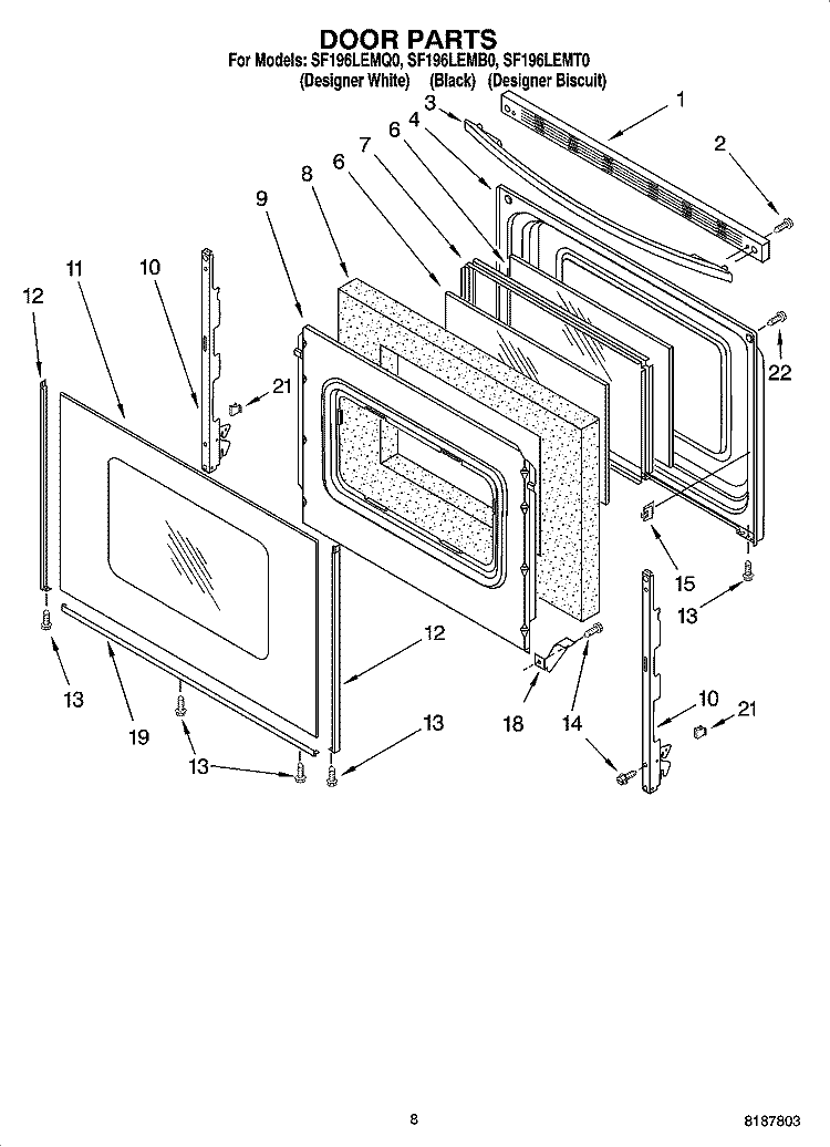 DOOR PARTS, MISCELLANEOUS PARTS Diagram and Parts List for SF196LEMB0  Whirlpool Range