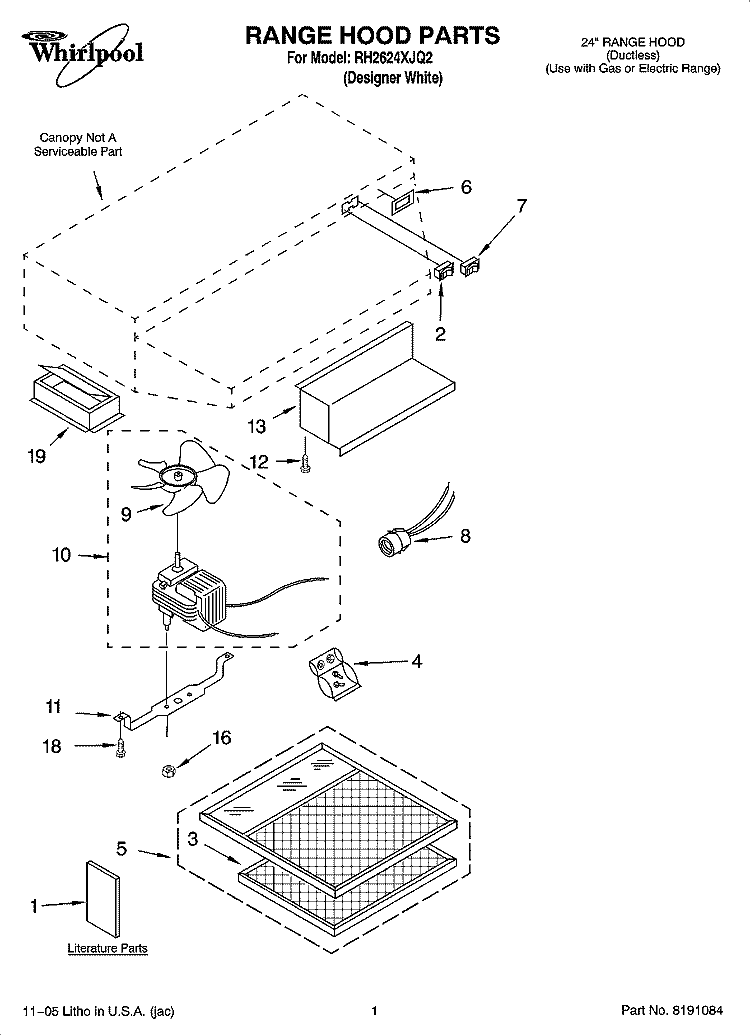 RANGE HOOD PARTS Diagram and Parts List for RH2624XJQ2  Whirlpool Range Hood