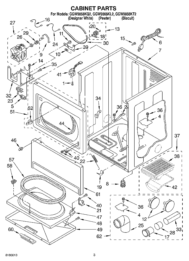 CABINET PARTS Diagram and Parts List for GGW9868KL2  Whirlpool Dryer