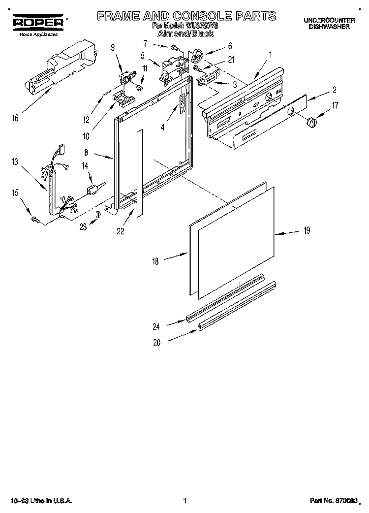 FRAME AND CONSOLE Diagram and Parts List for WU5750Y3  Roper Dishwasher