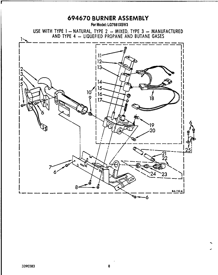 694670 BURNER ASSEMBLY Diagram and Parts List for LG7681XSW3  Whirlpool Dryer
