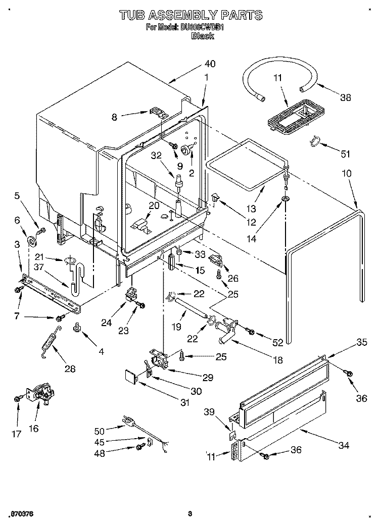 TUB ASSEMBLY Diagram and Parts List for DU806CWDB1  Whirlpool Dishwasher