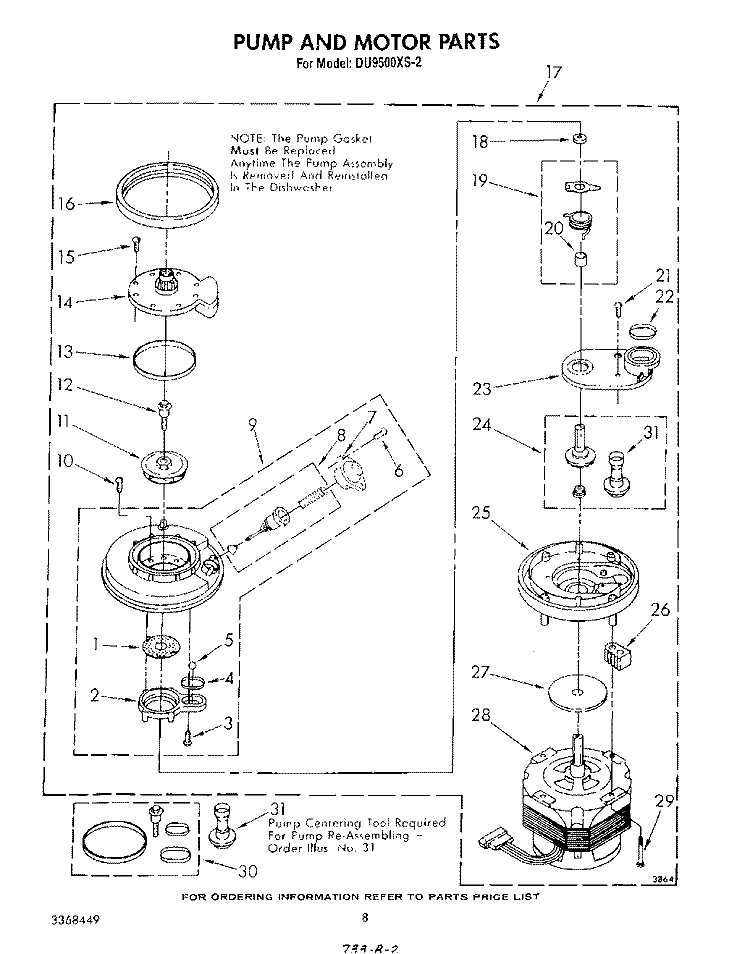 PUMP AND MOTOR Diagram and Parts List for DU9500XS2  Whirlpool Dishwasher