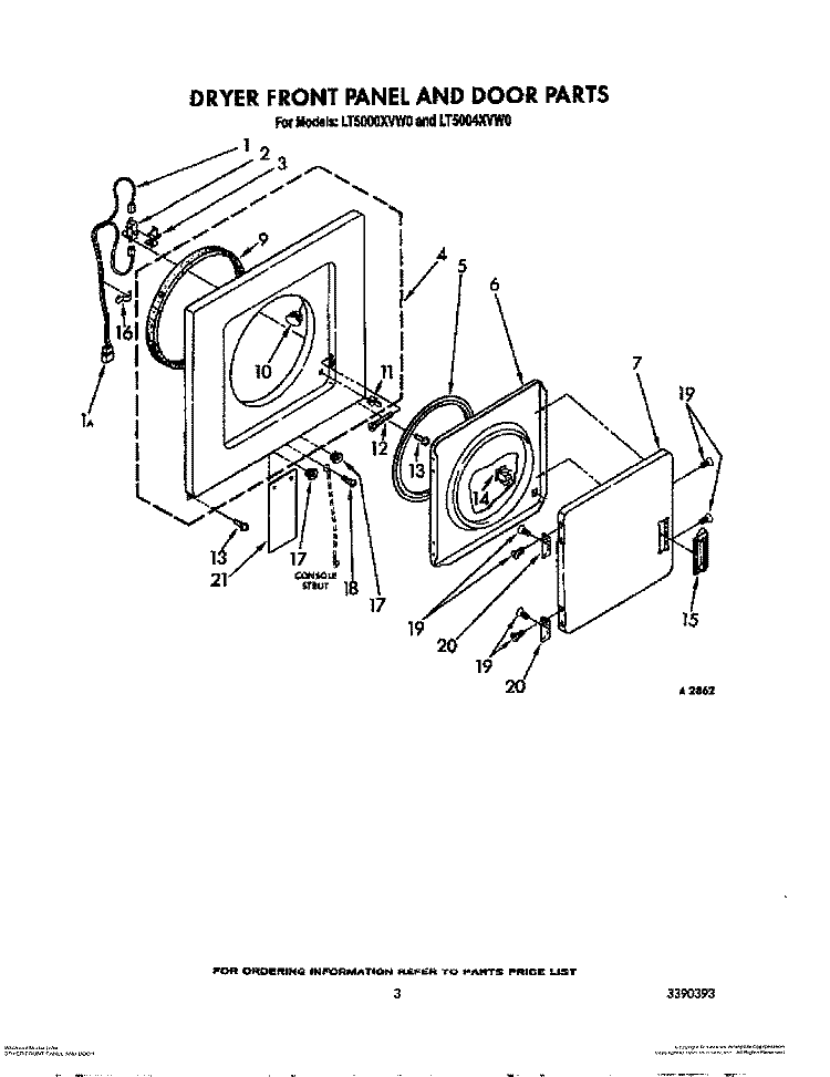 DRYER FRONT PANEL AND DOOR Diagram and Parts List for LT5000XVW0  Whirlpool Washer Dryer Combo