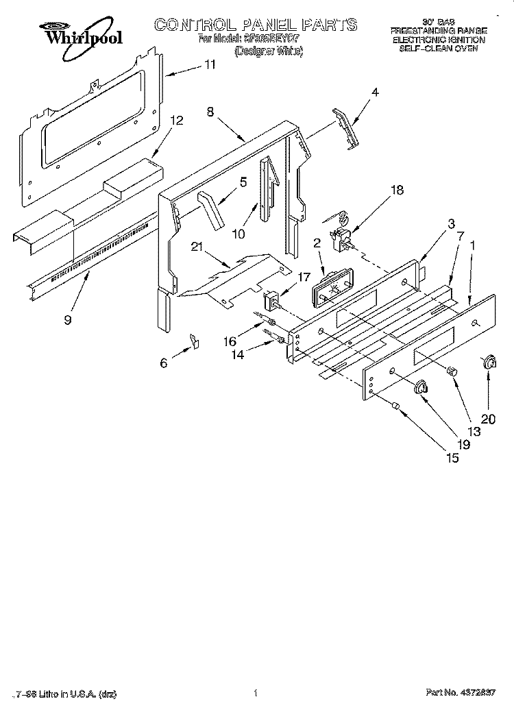 CONTROL PANEL Diagram and Parts List for SF365BEYQ7  Whirlpool Range