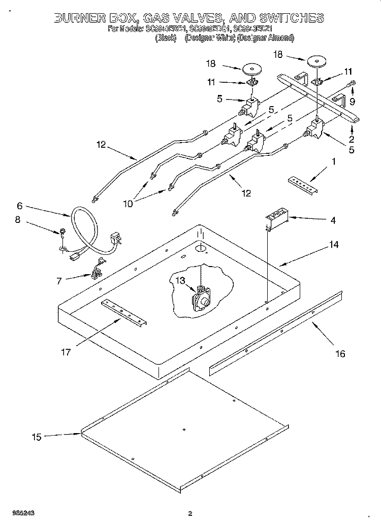 BURNER BOX, GAS VALVES, AND SWITCHES Diagram and Parts List for SC8640EDB1  Whirlpool Cooktop