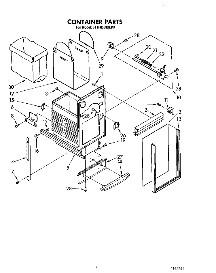 CONTAINER Diagram and Parts List for JJTF8500XLP3  Whirlpool Trash Compactor