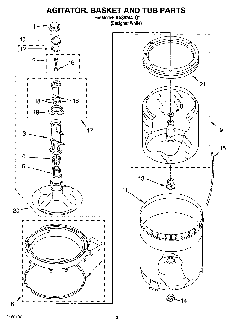 AGITATOR, BASKET AND TUB PARTS Diagram and Parts List for RAS8244LQ1  Roper Washer