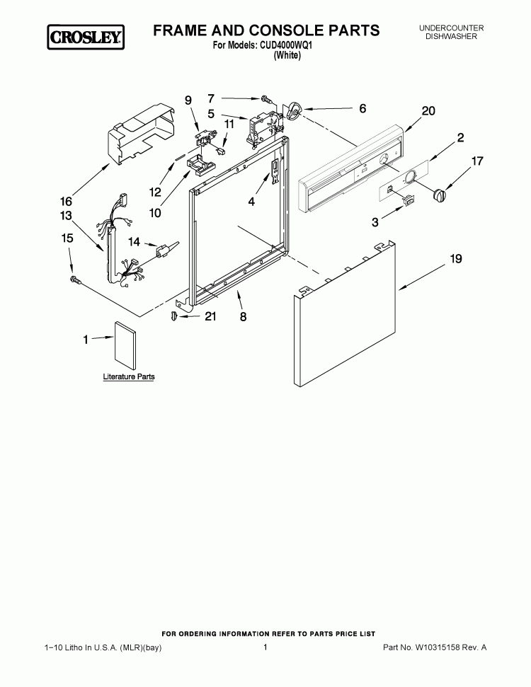 FRAME AND CONSOLE PARTS Diagram and Parts List for CUD4000WQ1  Crosley Dishwasher