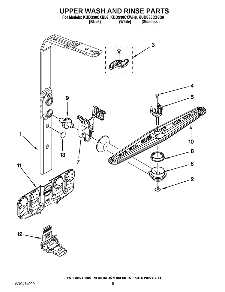 UPPER WASH AND RINSE PARTS Diagram and Parts List for KUDS30CXBL6  KitchenAid Dishwasher