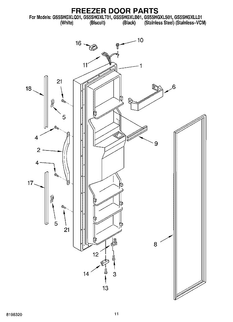 FREEZER DOOR PARTS Diagram and Parts List for GS5SHGXLQ01  Whirlpool Refrigerator