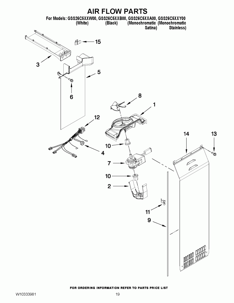 AIR FLOW PARTS Diagram and Parts List for GSS26C5XXA00  Whirlpool Refrigerator