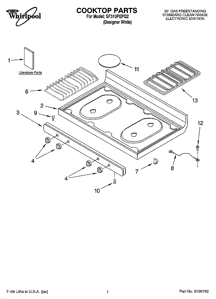 COOKTOP PARTS Diagram and Parts List for SF315PEPQ2  Whirlpool Range