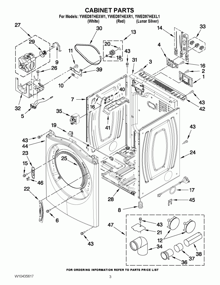 CABINET PARTS Diagram and Parts List for YWED97HEXR1  Whirlpool Dryer