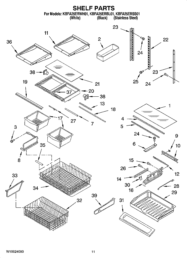 SHELF PARTS Diagram and Parts List for KBFA25ERSS01  KitchenAid Refrigerator
