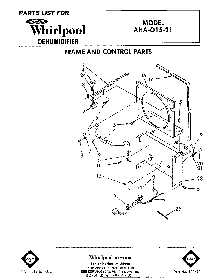 SECTION Diagram and Parts List for AHA01521  Whirlpool Dehumidifier