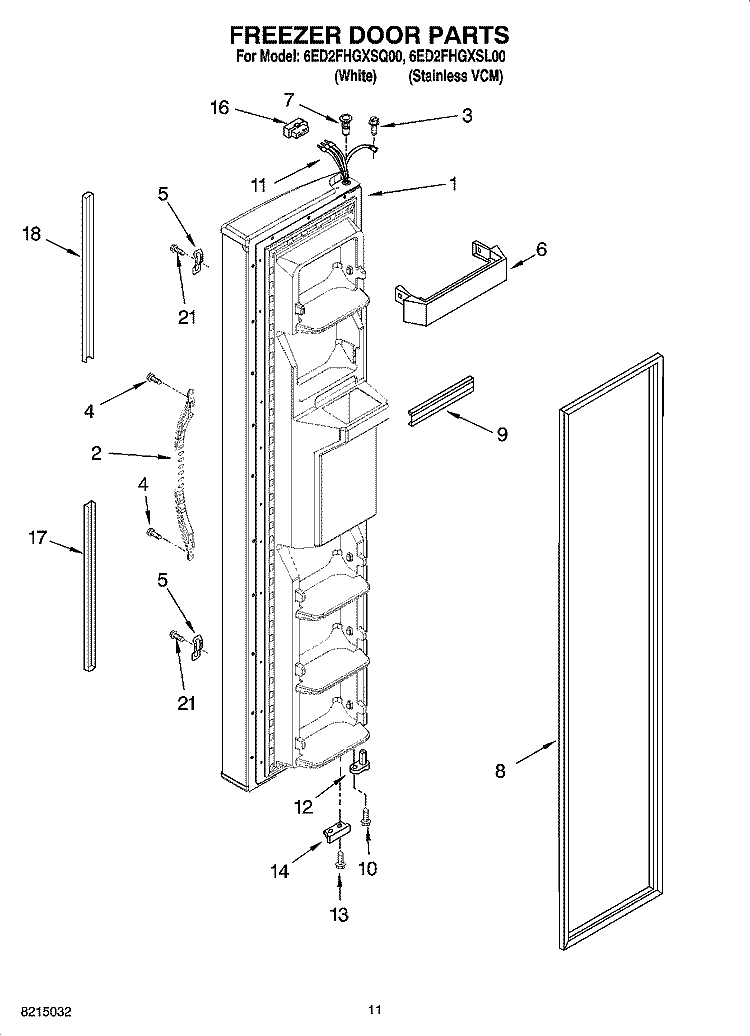 FREEZER DOOR PARTS Diagram and Parts List for 6ED2FHGXSL00  Whirlpool Refrigerator
