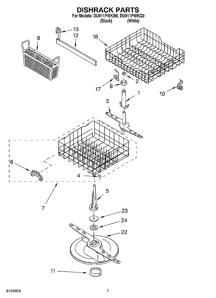 DISHRACK Diagram and Parts List for DU911PWKB0  Whirlpool Dishwasher