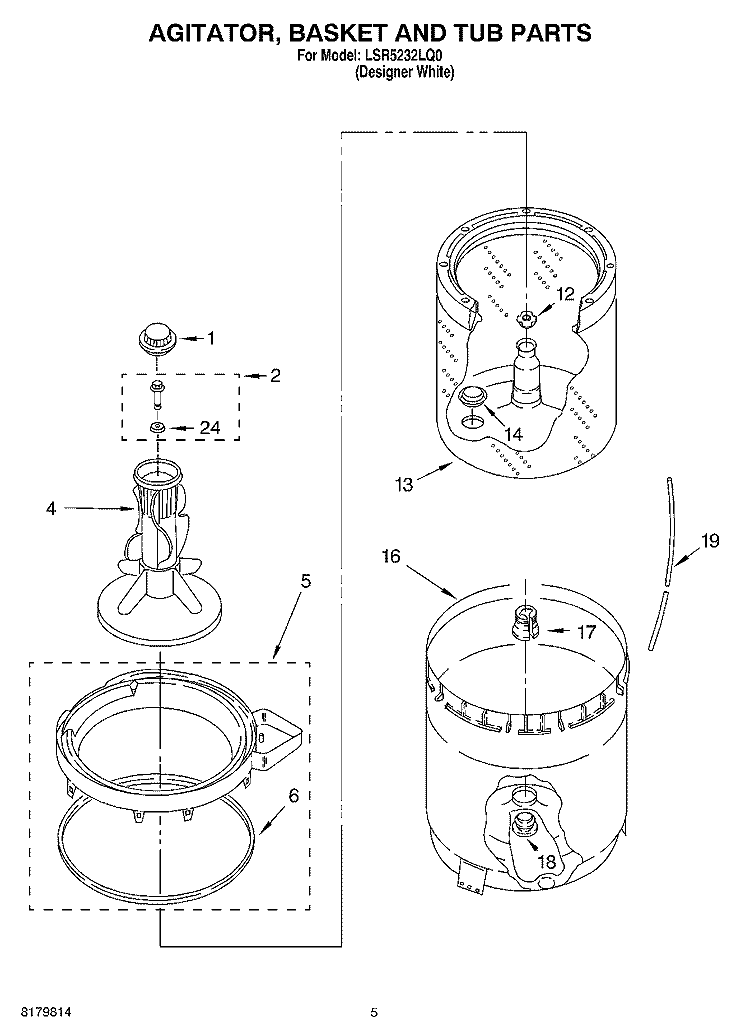 AGITATOR, BASKET AND TUB Diagram and Parts List for LSR5232LQ0  Whirlpool Washer