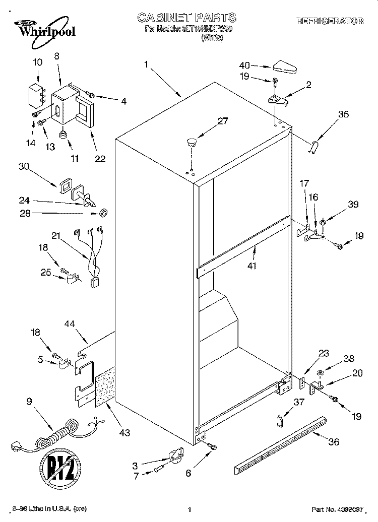 CABINET Diagram and Parts List for 3ET18NMXFW00  Whirlpool Refrigerator
