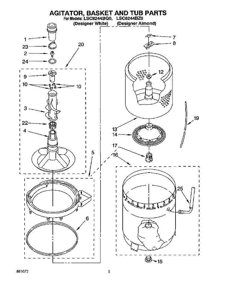 AGITATOR, BASKET AND TUB Diagram and Parts List for LSC8244BZ0  Whirlpool Washer