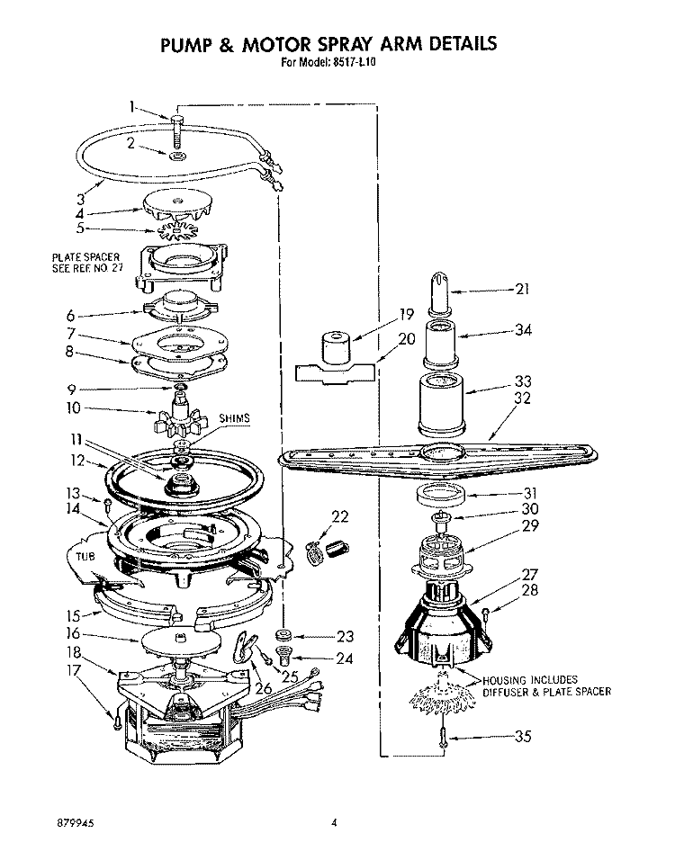 PUMP AND MOTOR SPRAY ARM DETAIL Diagram and Parts List for 8517L10  Roper Dishwasher