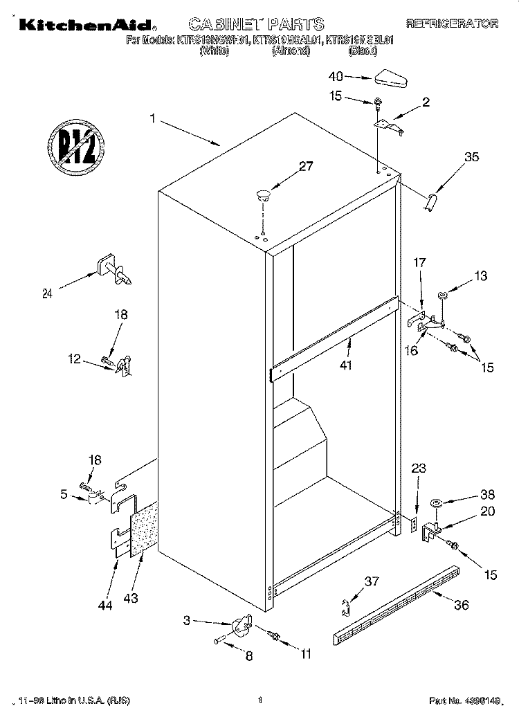 CABINET Diagram and Parts List for KTRS19MGAL01  KitchenAid Refrigerator
