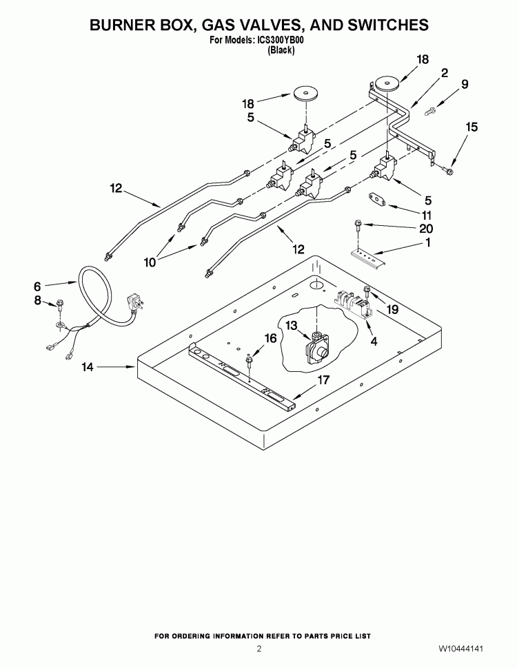 BURNER BOX, GAS VALVES, AND SWITCHES Diagram and Parts List for ICS300YB00  Whirlpool Cooktop