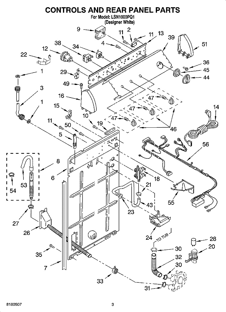 CONTROLS AND REAR PANEL PARTS Diagram and Parts List for LSN1000PQ1  Whirlpool Washer