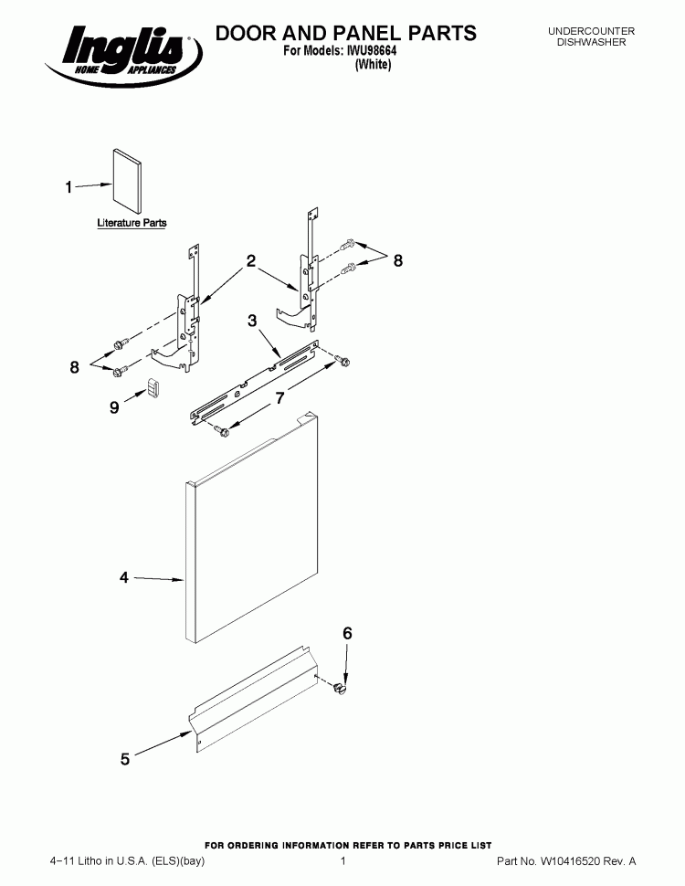 DOOR AND PANEL PARTS Diagram and Parts List for IWU98664  Inglis Dishwasher