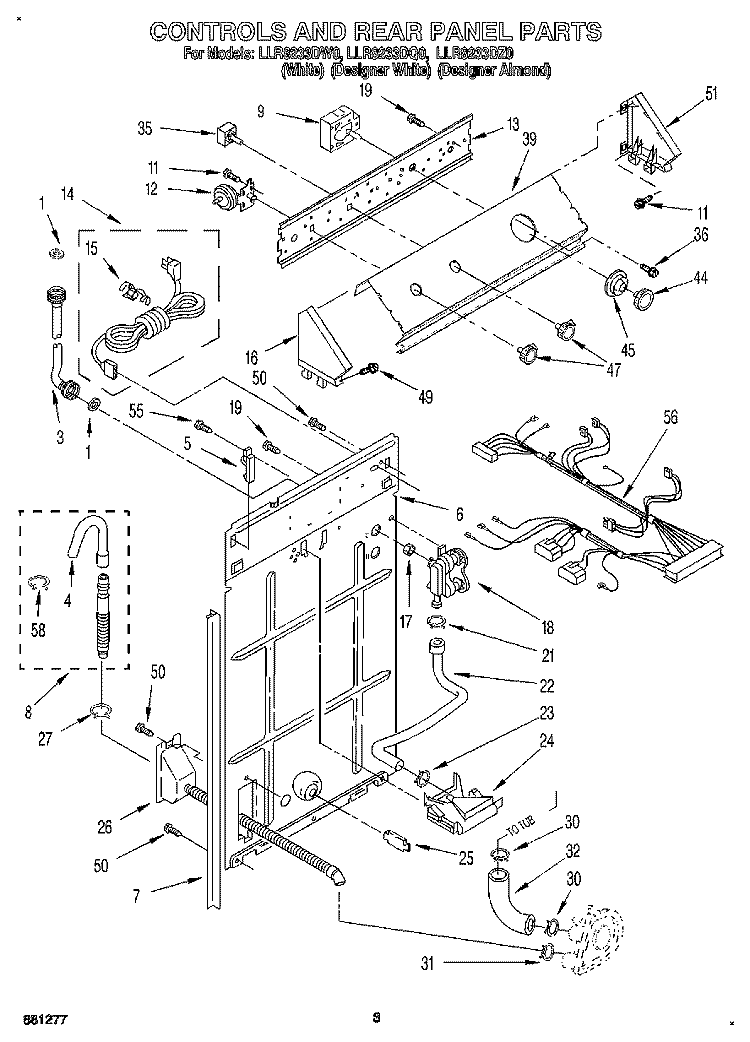 CONTROLS AND REAR PANEL Diagram and Parts List for LLR8233DZ0  Whirlpool Washer