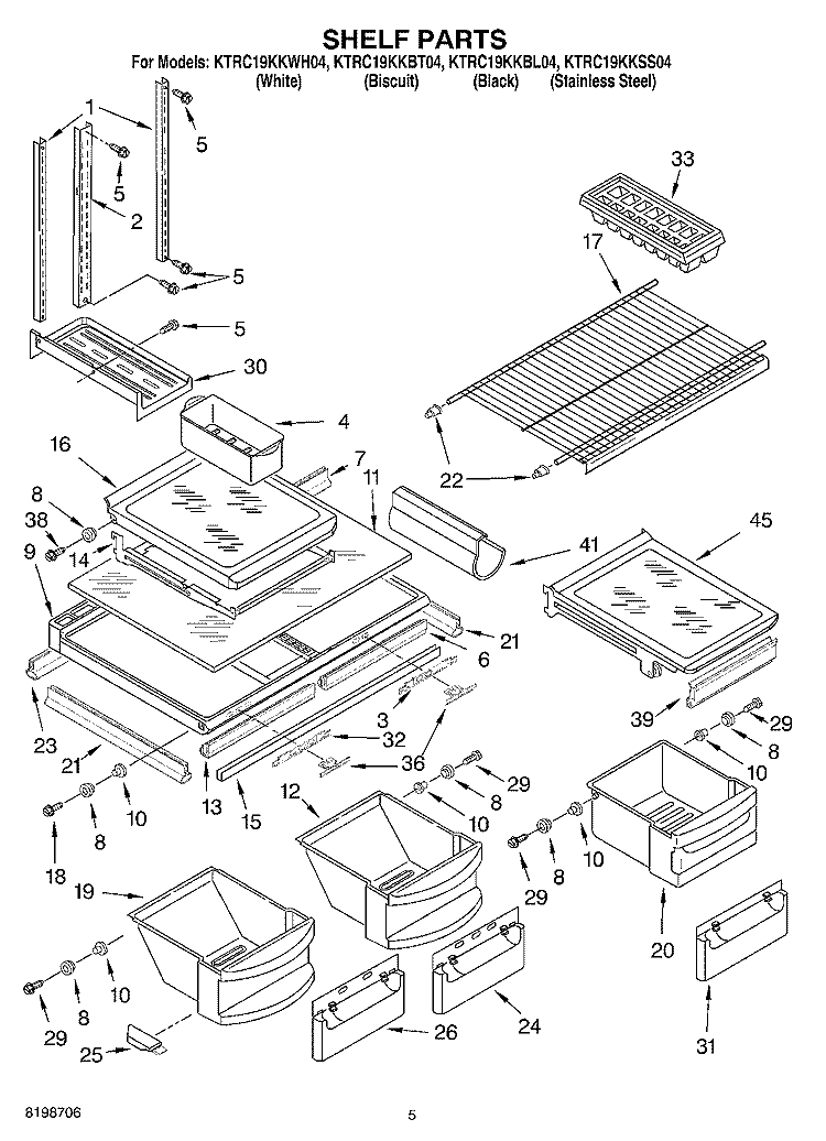 SHELF PARTS Diagram and Parts List for KTRC19KKWH04  KitchenAid Refrigerator