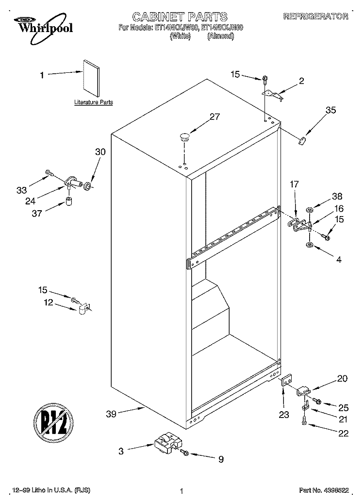CABINET, LITERATURE Diagram and Parts List for ET14NKXJN00  Whirlpool Refrigerator