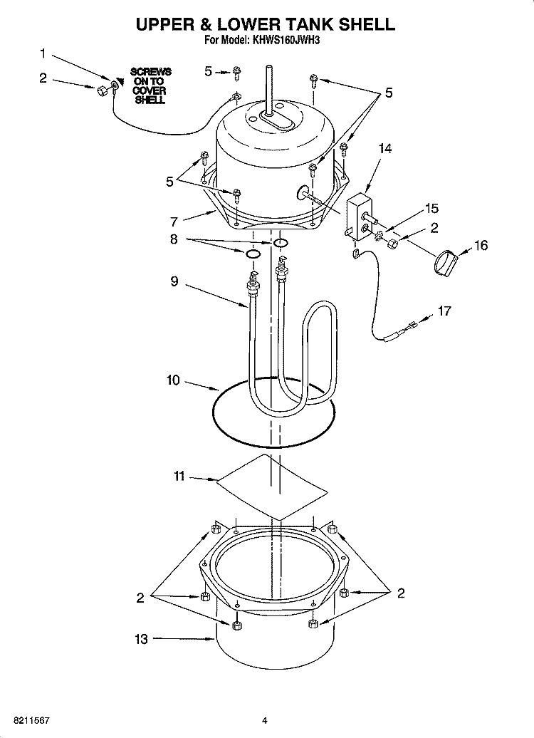 UPPER & LOWER TANK SHELL Diagram and Parts List for KHWS160JWH3  KitchenAid Miscellaneous