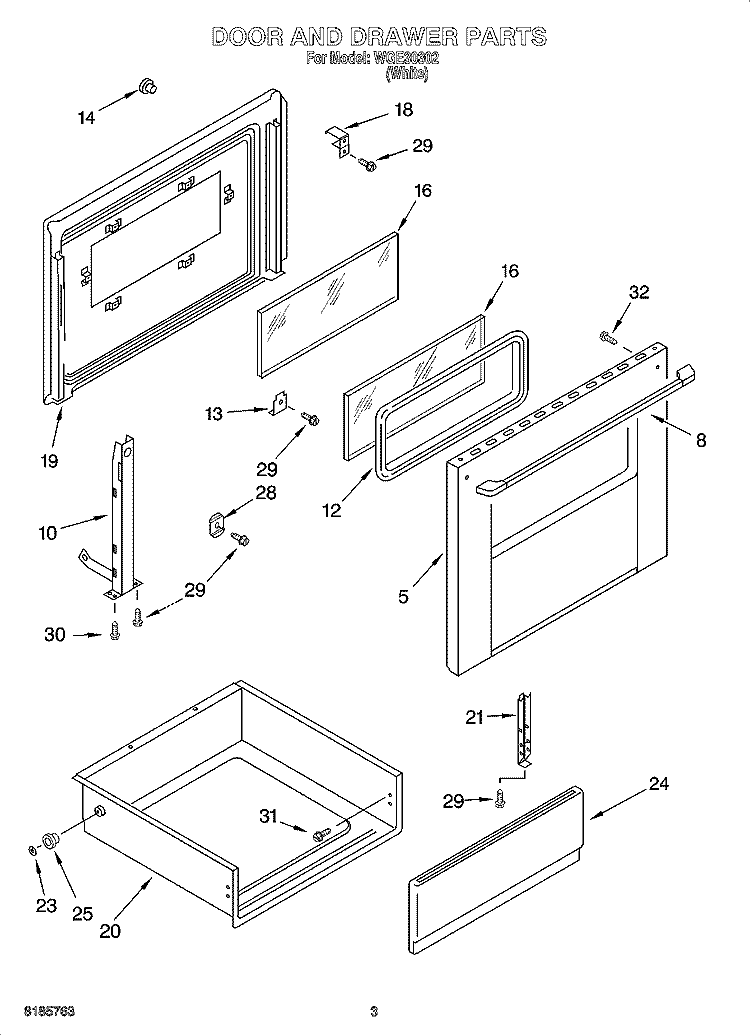DOOR AND DRAWER PARTS Diagram and Parts List for WGE30302  Whirlpool Range