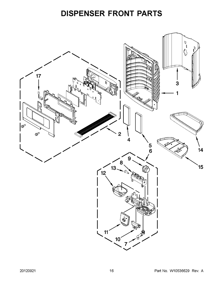 DISPENSER FRONT PARTS Diagram and Parts List for GI6FDRXXY010  Whirlpool Refrigerator